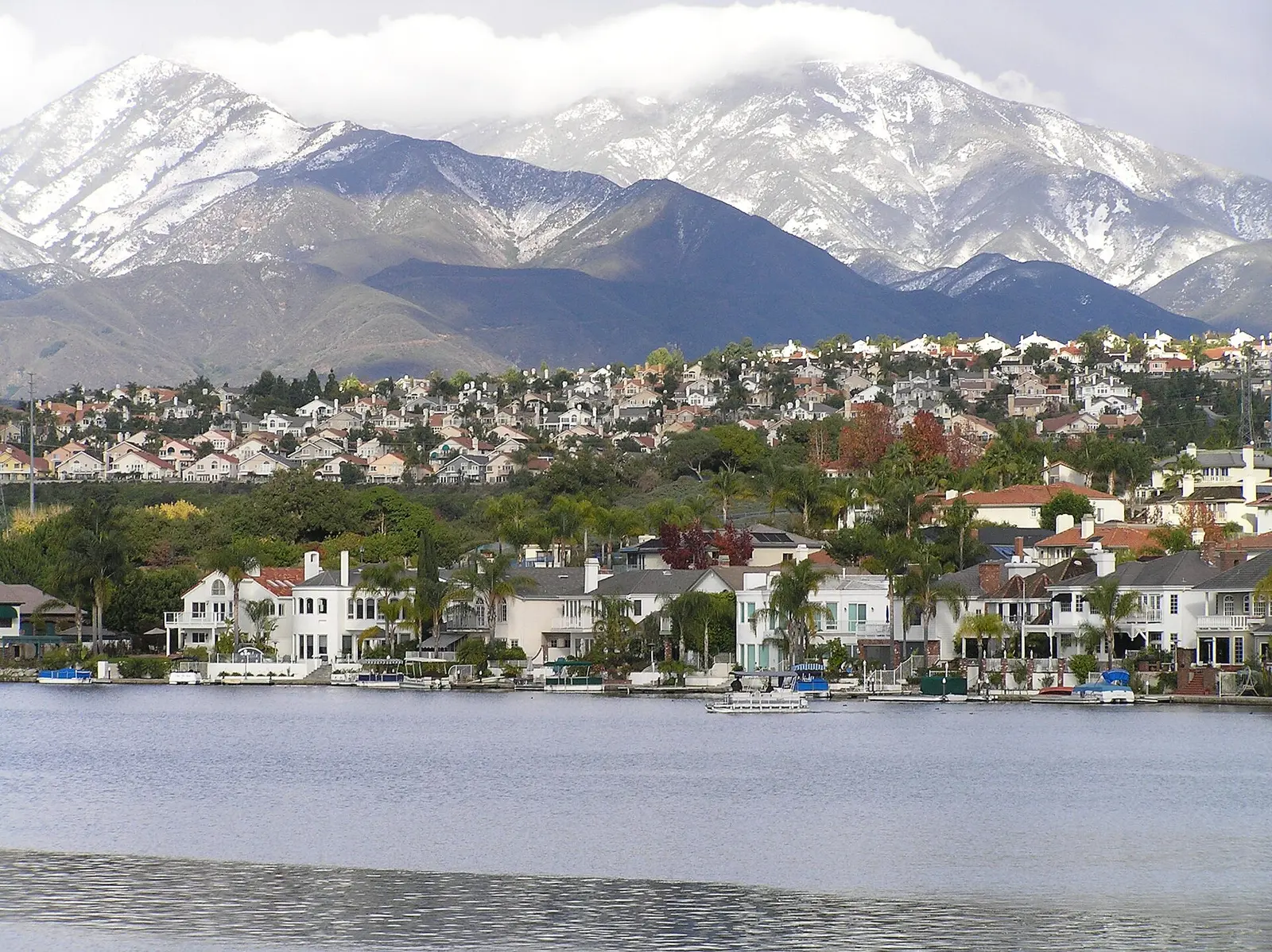 Mission Viejo, California — Saddleback Mountain unusually covered in snow over Lake Mission Viejo.
