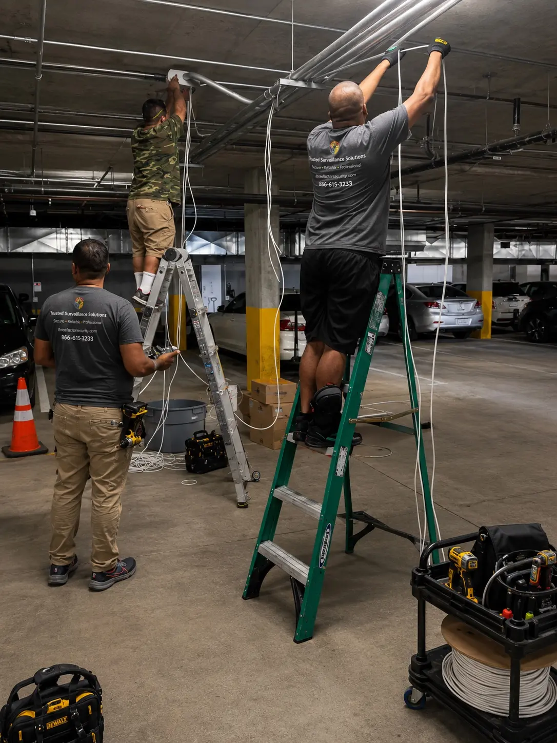 Three Factor Security team coordinating garage access-control cabling and infrastructure — Three Factor Security fieldwork in El Segundo