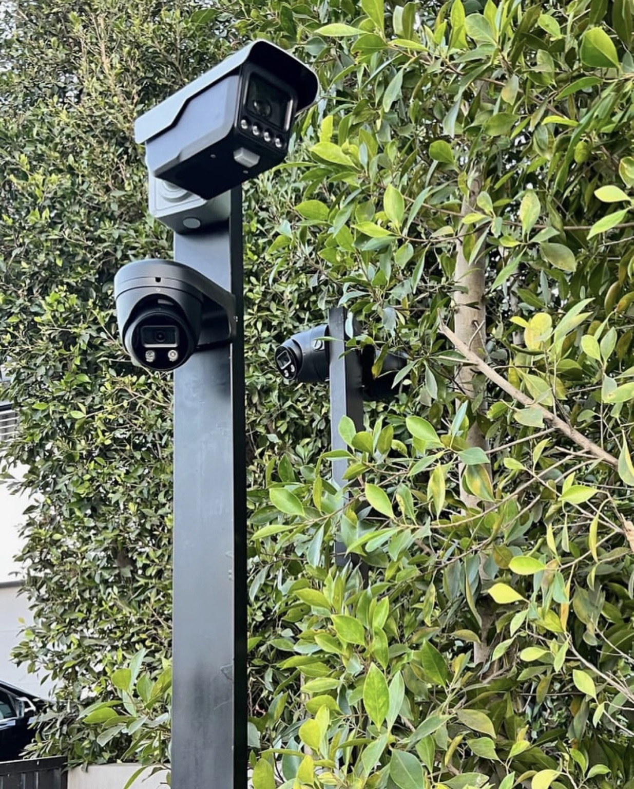 Complete custom multi-camera security post installed beside mature landscaping — Three Factor Security fieldwork in West Hollywood
