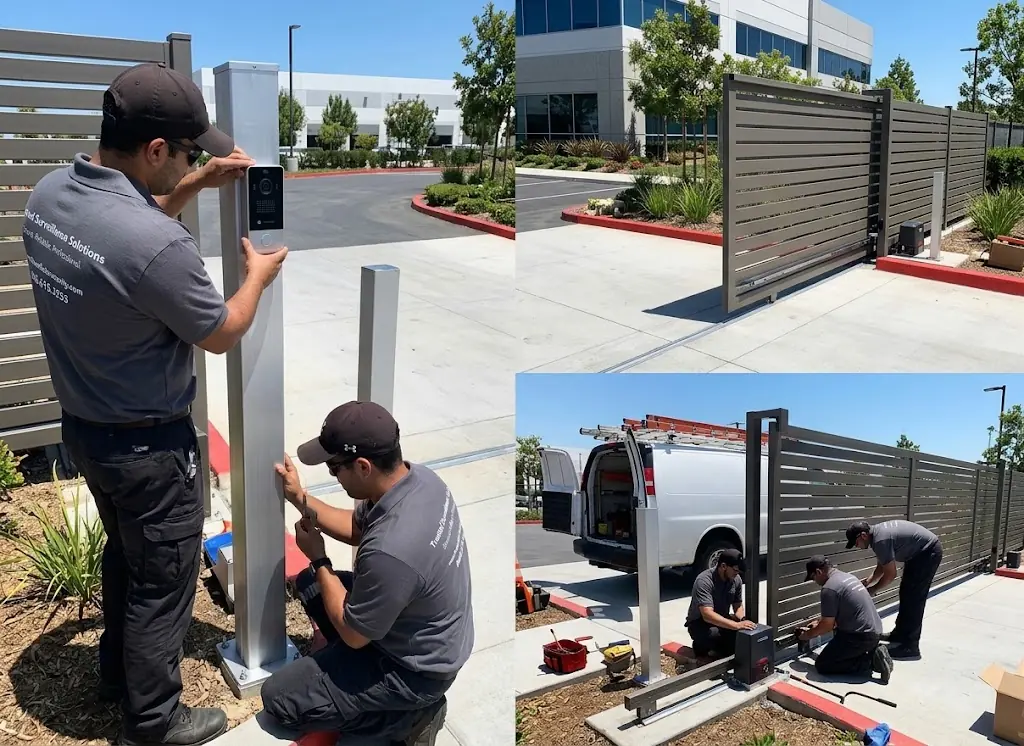 Three Factor Security project photographs showing video intercom mounting, a completed commercial sliding gate, and technicians installing its operator.