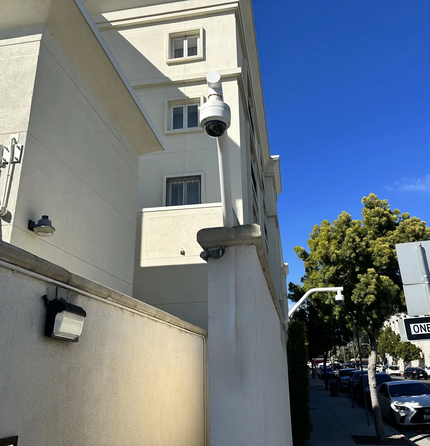 Multiple exterior detection and camera devices installed at a commercial property — Three Factor Security fieldwork in Long Beach